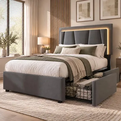 Image de Flieks Lit rembourré 90x200cm avec 2 tiroirs, lit de jeune lit simple avec sommier à lattes, lit de rangement en bois avec LED, lin, gris
