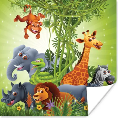 Produktbild von MuchoWow® Poster Dschungeltiere - Pflanzen - Kinder - Elefant - Giraffe - Löwe 50x50 cm - Wohnzimmerdekoration