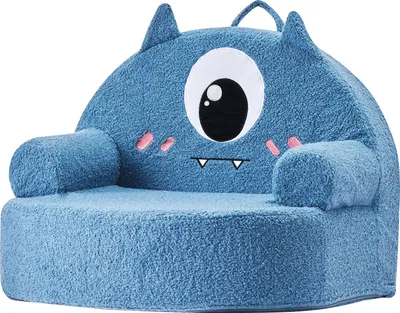 Zdjęcie produktu dla Sofa dziecięca SucceBuy w kształcie potwora wykonana z pianki z podłokietnikami, zdejmowany pokrowiec z gąbki 28D i pluszowego misia, odpowiednia do pokoju zabaw, sypialni i salonu, kolor niebieski