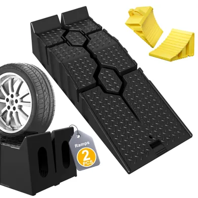 Produktbild von YARDIN 2er Rutschfeste Auffahrrampen mit Gelb Reifenstopper Set aus PP-Kunststoff, bis 2500 kg belastbar, wetterfest, universell für PKW, Wohnwagen und Garage
