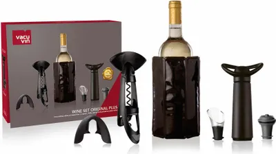 Immagine prodotto di Vacu Vin Geschenkset Wein Original Plus 6-tlg., Kühler, Flaschenöffner, Folienschneider, Ausgießer, Weinpumpe, Verschluss, Kunststoff, Edelstahl, Schwarz, Grau, 3890360