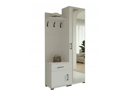 Zdjęcie produktu dla Garderoba ERYK z lustrem 40 x 90 x 190 cm – nowoczesny wieszak do przedpokoju w kolorze białym z wieszakami na ubrania