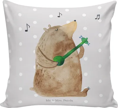 Produktbild von Mr. & Mrs. Panda Kissen 40x40 Bär Gitarre - Grau Pastell - Geschenk, Teddy, kuschelkissen, Dekokissen Sofa, Sofakissen, für couch