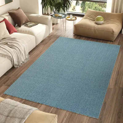 A living room scene with a sofa, rug, and beanbag chair.