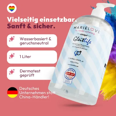 Produktbild von Gleitgel neutrales Langzeit Gleitmittel auf Wasserbasis – Gleitcreme für Silikonspielzeug – Geruchlos, Geschmacksneutral – Anal & Vaginal – 1000ml