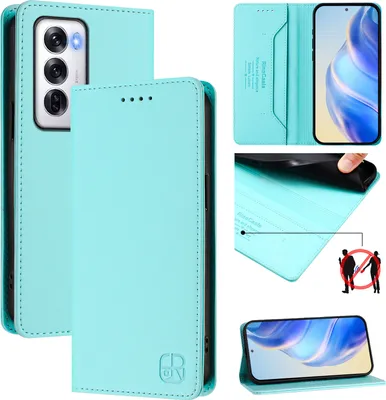 Obrázek produktu pro Kožené pouzdro pro Oppo Reno12, flipové pouzdro s přihrádkami na karty, peněženkou a stojánkem Tyrkysový