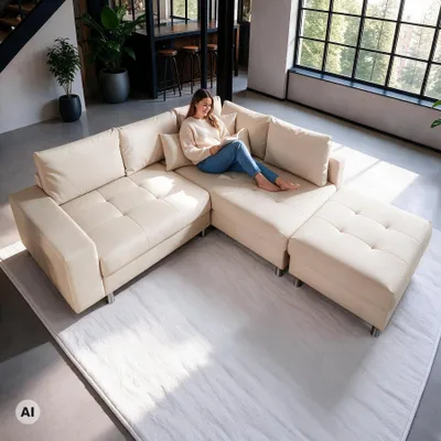 Produktbild von riess-ambiente Wohnlandschaft KENT 220cm beige champagner Vogue Velours Samt Federkern mit Hocker modern