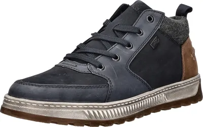 A single blue high-top sneaker is shown against a white background.