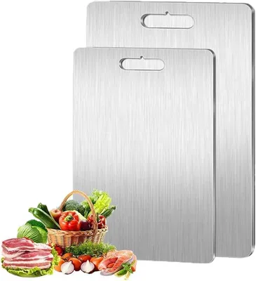 Produktbild von Schneidebrett aus Titan, 2-teilig, Schneidebrett aus Edelstahl 304 für die Küche, Schneidebrett, lebensmittelecht für Fleisch, Obst, Gemüse, spülmasch
