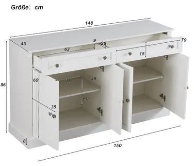 Zdjęcie produktu dla Komoda – 4 drzwi i 2 szuflady – 150 × 40 × 86 cm – MDF – Nowoczesny, minimalistyczny design – Biały