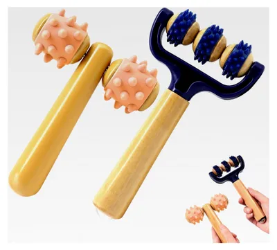 Produktbild von Massageroller mit Griff, 2 Stück Holz-Faszienrollen und Massageball für Beine, Rücken, Arme und Schultern