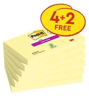 Samolepiaci bloček, 76x127 mm, 4+2x90 listov, 3M POSTIT "Super Sticky", žltá