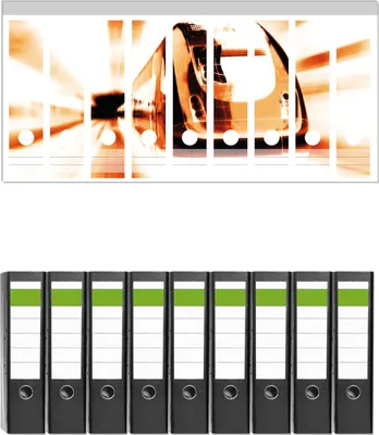 Produktbild von Wallario 9 Stück breite Ordner inkl. Klebeetiketten mit Motive Fahrender Zug von vorn Design - Perspektive von vorn -  Set mit Rückenschildern / Ordnerrücken Stickern