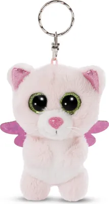 A pink plush cat keychain with large green eyes and pink glitter wings, attached to a silver keychain ring.