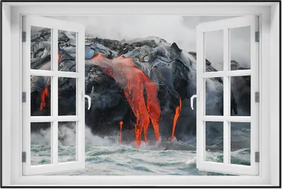Produktbild von Wallario Wandbild mit Fenster-Illusion: Lavastrom ins Meer, Größe: 61 x 91,5 cm, Poster mit schwarzem Aluminiumrahmen