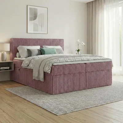 Produktbild von Boxspringbett RALF  140 x 200 cm mit Bettkasten, Topper und gepolstertem Kopfteil. Farbe:  Rosa, Härtegraden:  H2 , Topper: T25-Topper