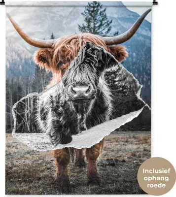 Produktbild von MuchoWow® Wandteppich Wandbehang Schottisches Hochlandrind - Tiere - Schwarz - Weiß 120x160 cm Tapisserie Dekoration Wandtuch - Wohnzimmer - Moderne