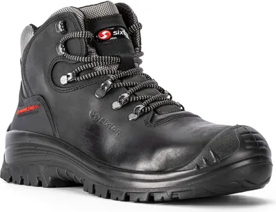 A black work boot is shown against a white background.
