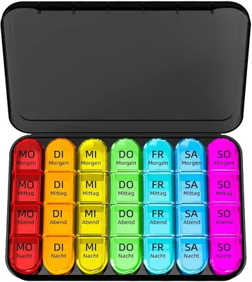 Produktbild von Tablettenbox 7 Tage Morgens Mittags Abends, Klein Pillendose Große Fächer, Medikamentenbox 7 Tage 4 fächer mit Einfachem Offenem Design für Unterwegs
