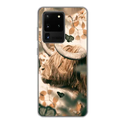 Produktbild von MuchoWow® Handyhülle Schutzhülle Hülle für Samsung Galaxy S20 Ultra Schottische Highlander - Schmetterlinge - Blätter Silikon Softcase Handy Hülle - Karteninhaber