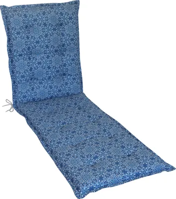 A blue chaise lounge cushion with a white mandala pattern, isolated on a white background.