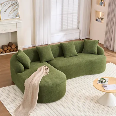 Produktbild von MODFU L-förmiges Sofa Dreisitzer Linke Chaiselongue mit Kissen und Armlehnen Wohnzimmersofa Schlafsofa Chenille geschwungenes Ecksofa montagefrei eeignet für kleine Wohnungen Grün