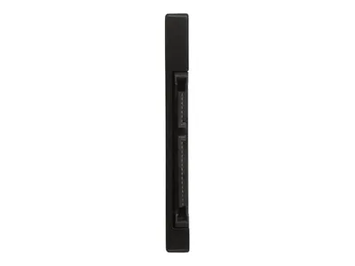 A side view of a black SSD drive with SATA connectors.