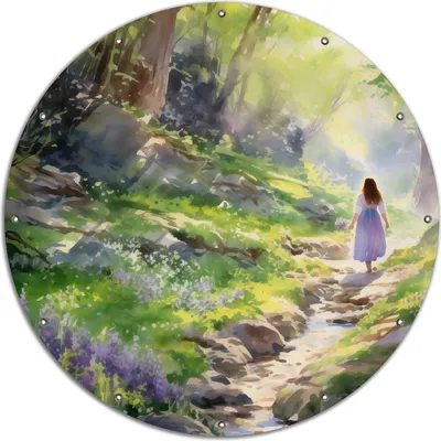Produktbild von Wallario rundes Outdoor-Poster für Garten oder Balkon, Motiv Wanderung im Morgenlicht, 120 cm Durchmesser