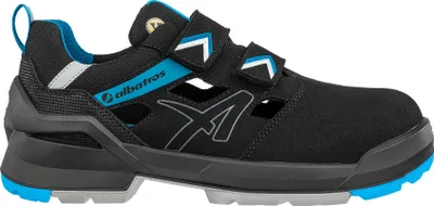 A single black and blue safety sandal shown from the side against a white background.