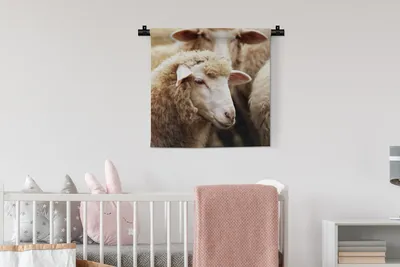 Produktbild von MuchoWow® Wandteppich Wandbehang Schaf - Wolle - Weiß 60x60 cm Tapisserie Dekoration Wandtuch - Dekorationen - Wand Decke