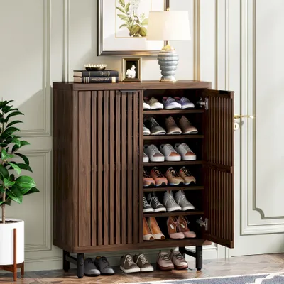 Produktbild von LITTLE TREE Schuhschrank, dunkelbraun, Holz, 110 cm Hohe, 6 Regalböden verstellbar, atmungsaktiv, für ca. 24 Paar Schuhe, Eingangsbereich, Wohnzimmer