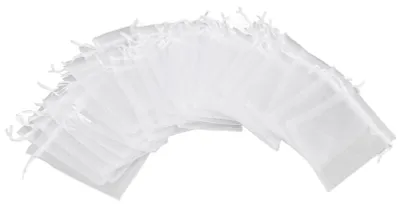 Produktbild von 100 kleine Netzbeutel mit Kordelzug, transparente Organzabeutel für Süßigkeiten, Hochzeitsartikel und Schmuck, weiß