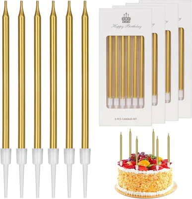 Immagine prodotto di 24 candeline per torta di compleanno, color oro, lunghe e sottili, ideali per decorare torte per compleanni, matrimoni e feste. Candeline dorate per torte (oro)