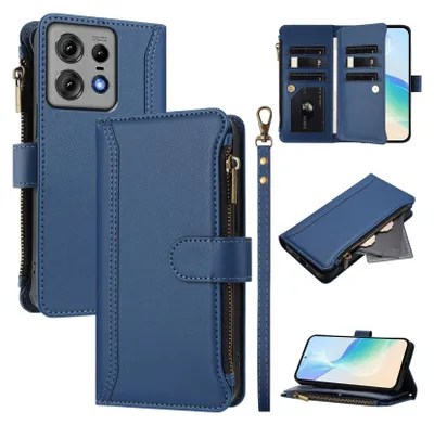 Immagine prodotto di Custodia per Motorola Moto Edge 50 Pro, con cerniera, portafoglio Custodia flip in Finto cuoio con tasche per carte, supporto e passante per mano blu