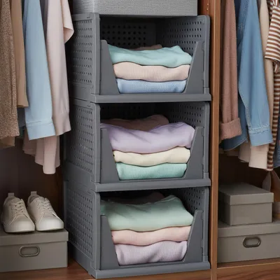 Produktbild von 3er Set Höher Schubladenbox,Stapelbare Kleiderschrank Organizer, Faltbaren Regal Aufbewahrungsbox,Plastik Körbe Lagerkisten für 33.5x43x73cm Grau