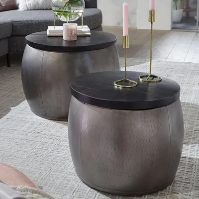 Produktbild von WOHNLING Couchtisch 2er Set Mango Massivholz Satztisch Rund Silber Wohnzimmertisch Aluminium abnehmbarer Deckel Beistelltisch Modern Metall / Holz