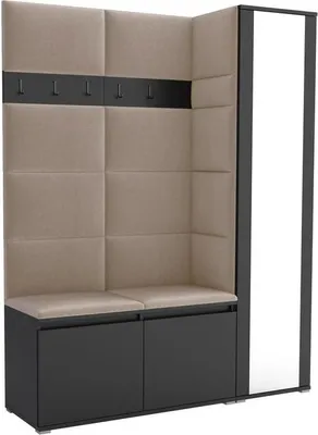 Produktbild von Garderoben-Set Noris VII mit Spiegel, gepolsterte Garderobe 145 cm, Flurmöbel mit Wandpaneelen, Schuhtruhen und Stauraum (Farbe: Schwarz + Trinity 04)