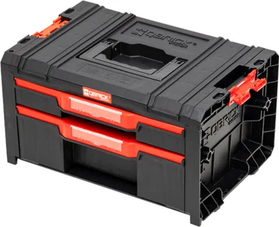 A black and red modular toolbox with two drawers.