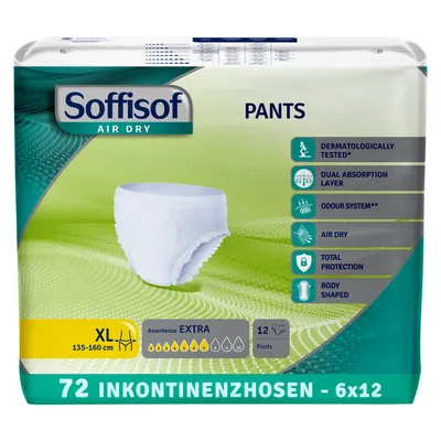 Zdjęcie produktu dla Soffisof Air Dry majtki chłonne dla dorosłych Extra XL – 72 sztuki majtek chłonnych – 6 opakowań po 12 sztuk, chłonność 7/8 – majtki chłonne