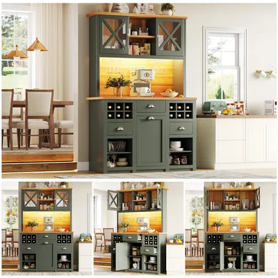 Zdjęcie produktu dla Szafka kuchenna 120 x 45 x 188 cm ze szklanymi drzwiami, oświetleniem LED, stojakiem na wino, regulowanymi półkami, 2 gniazdkami, portami USB i zabezpieczeniem przed przewróceniem, zielona