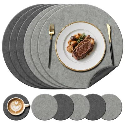 6 runde Kunstleder-Platzsets (38 cm) + 6 Untersetzer, hitzebeständig, rutschfest