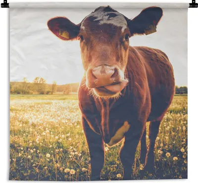 Produktbild von MuchoWow® Wandteppich Wandbehang Kuh - Sonnenuntergang - Blumen - Gras - Tiere 90x90 cm Tapisserie Dekoration Wandtuch - Wandaufhänger