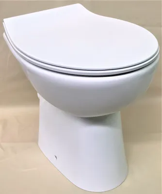 A white toilet with a closed lid, shown from a front-facing angle.