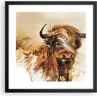Produktbild von Gerahmtes Poster - Schwarzer Rahmen - Stier Scotch Aquarell - 40x40 cm - Wand Bild - Wanddeko - Wandbilder - Kunstposter - Wandposter - Bilderrahmen - Bilder - Kunstdruck - P2BAC40x40-4708