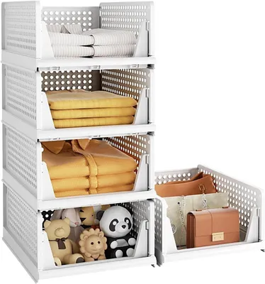 Image de Boîtes de rangement empilables - Boîtes de rangement - Boîtes de stockage - Organiseurs - Polyvalentes - Lot de 5 - 43 x 32,5 x 18,5 cm - Paniers de rangement
