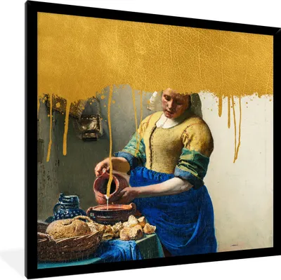 Produktbild von MuchoWow® Gerahmtes Poster Milchmädchen - Gold - Vermeer 40x40 cm - Poster mit Schwarzem Bilderrahmen Wandposter Rahmen Foto Bilder - Mit Rahmen - Wanddekoration Schlafzimmer