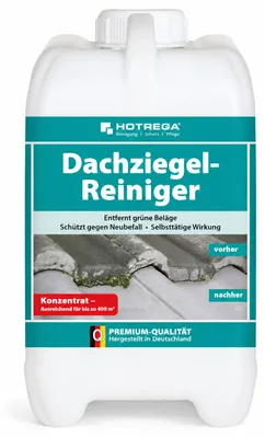 Produktbild von HOTREGA Dachziegel Reiniger Konzentrat 2 L | Moos & Algen Entferner | Selbsttätige Reinigung ohne Schrubben | Säurefrei & chlorfrei | Für Ton, Beton oder Glasuren | Reicht bis zu 400m² Fläche, KI-generiertes Bild