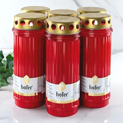 Produktbild von HOFER Grabkerzen Dauerbrenner Elegance mit Deckel - 6 Stück - [ROT] - ca. 10 Tage Brenndauer - Trauerkerzen, Friedhofskerze, Grablicht, Grabdeko