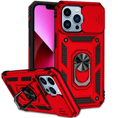 Obrázek produktu pro Pouzdro pro iPhone 13 Pro dvouvrstvé pouzdro s posuvným krytem kamery a prstencovým stojánkem červené