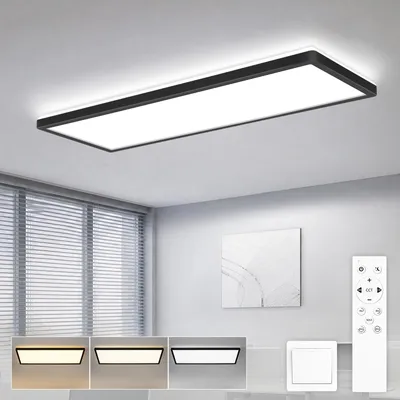 Image de Panneau LED ZMH, 58x20 cm, plafonnier 24W, panneau de plafond plat, variateur, lampe de plafond avec télécommande, grand format rectangulaire, lampe de jour pour atelier, couleur noire